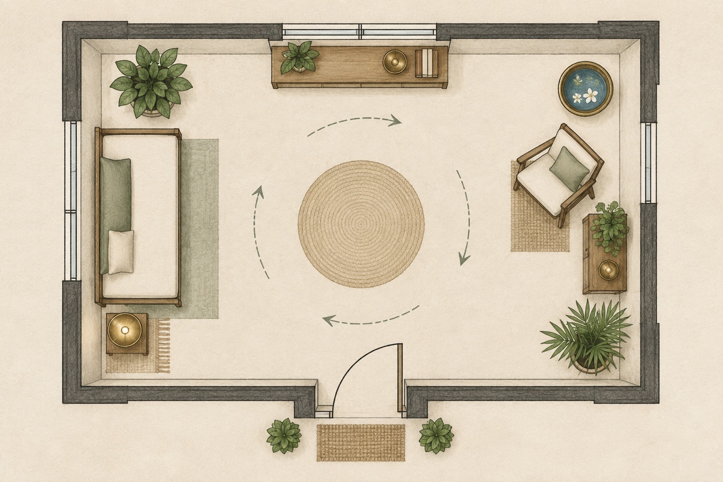 An open room plan with plants, water, light, adjusted furniture, and clear circulation arrows