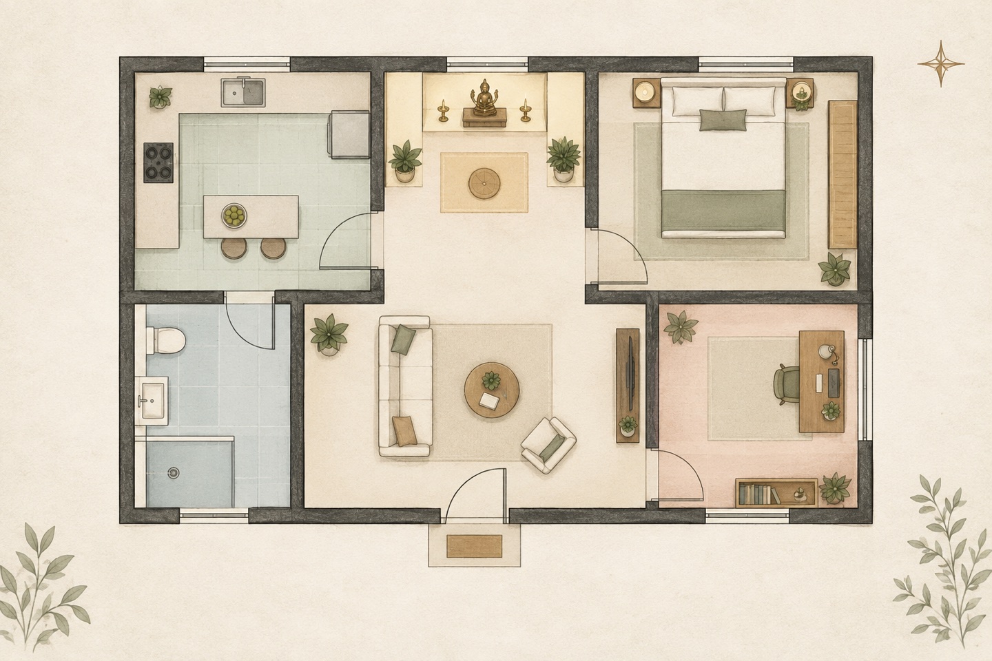 A simple top-down plan showing a kitchen, bedroom, living room, prayer area, bathroom, and study