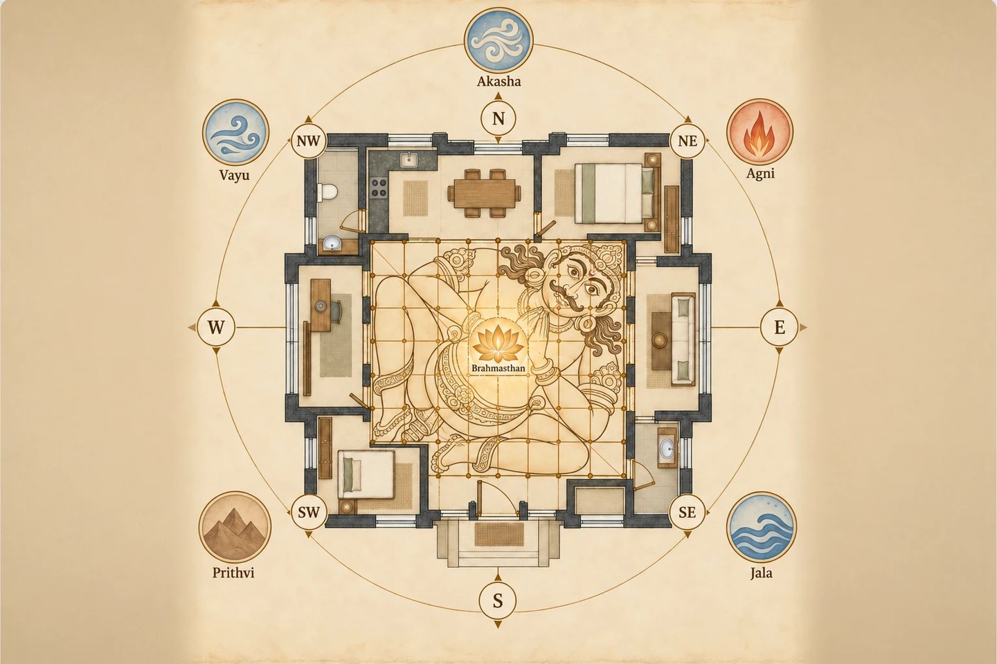 A home plan with the Vastu Purusha lying across its grid, a lotus at the Brahmasthan, and the five elements Akasha, Vayu, Agni, Jala and Prithvi around the eight directions