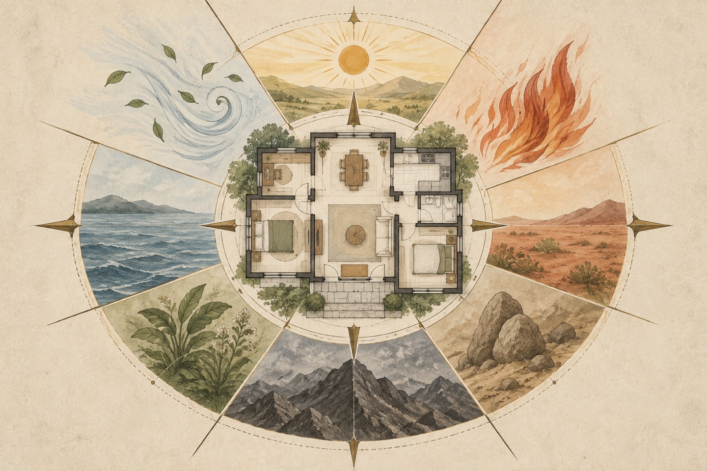 A home plan at the center of eight radial direction zones with natural element cues