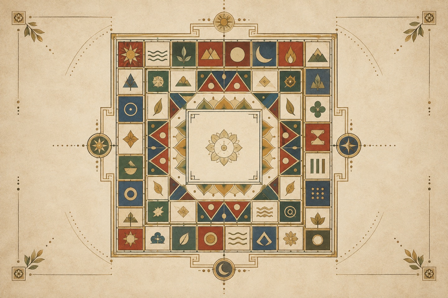 A square mandala made from rings of small geometric emblems around an open center