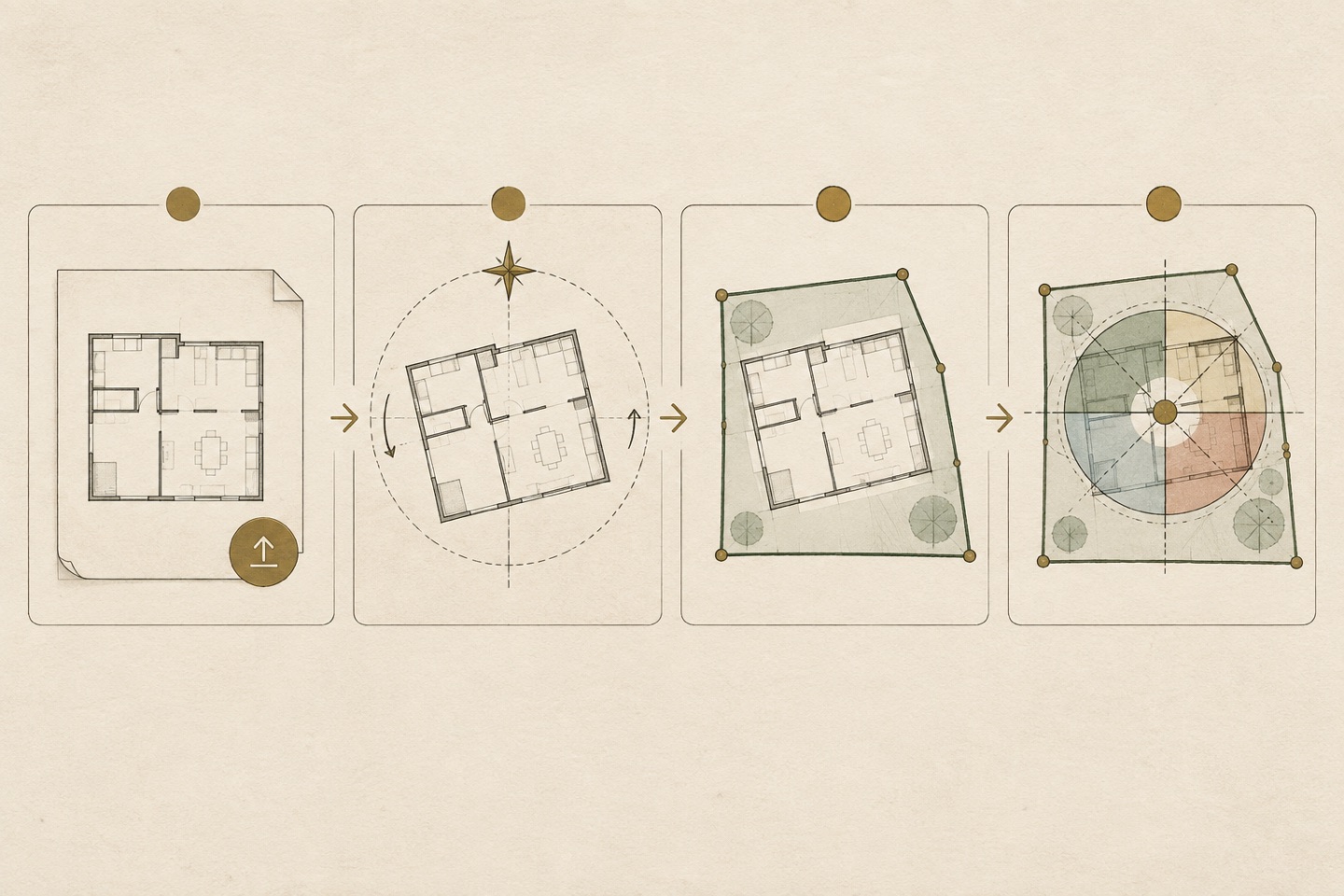 Four connected panels for floor-plan upload, north alignment, boundary tracing, and analysis